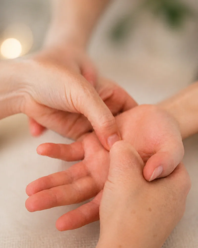 Séance de réflexologie palmaire sur les mains au cabinet de Chantepie
